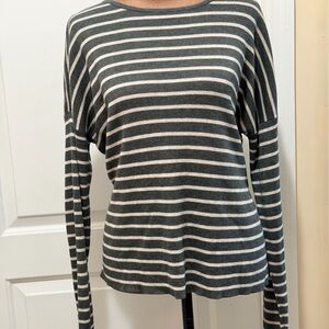 Eileen Fisher Grey  and Light Beige Striped Long Sleeve Pullover with Boatneck